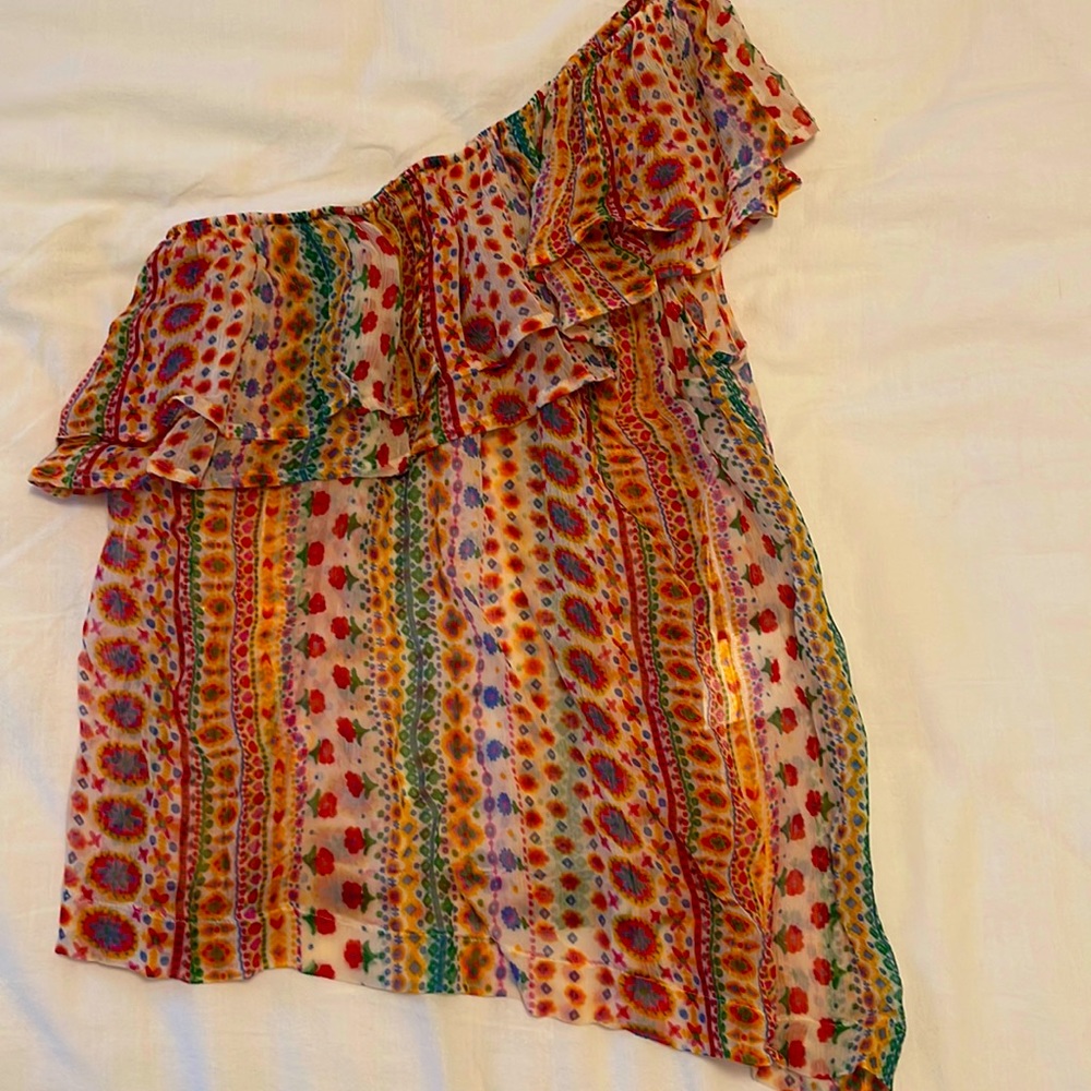 Sezane one sleeve multi colored sheer top size 36